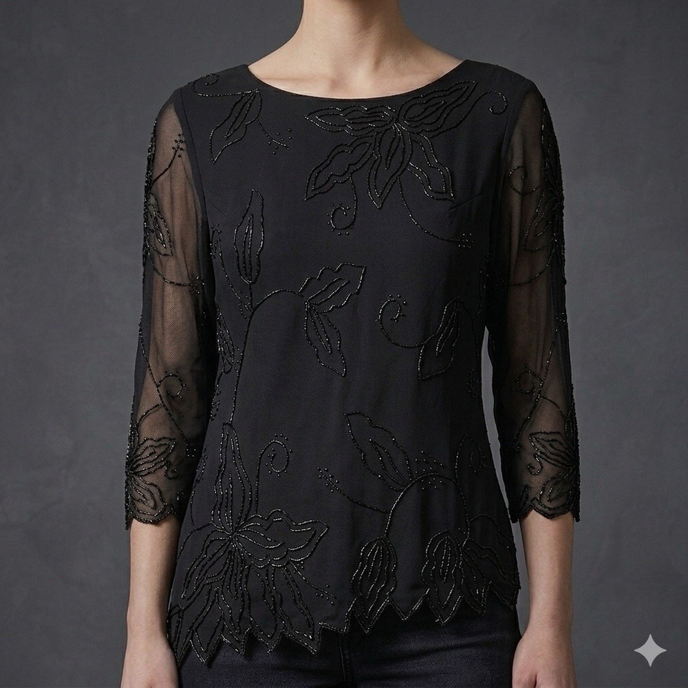 Vintage JMD New York Beaded Mesh Top Whimsigoth Fairycore Asymmetrical Hem L